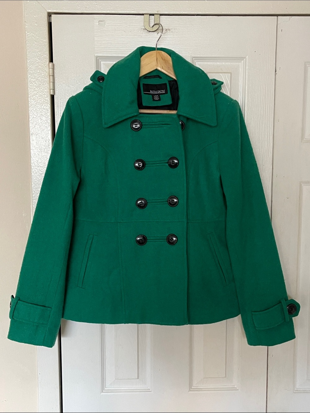 Razzle Dazzle Green Double-Breasted Pea Coat with Notched Collar Size Large